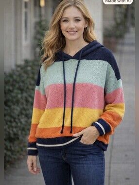 Mia & Tess Acrylic Blend Multicolor Boucle Striped Hoodie Size M